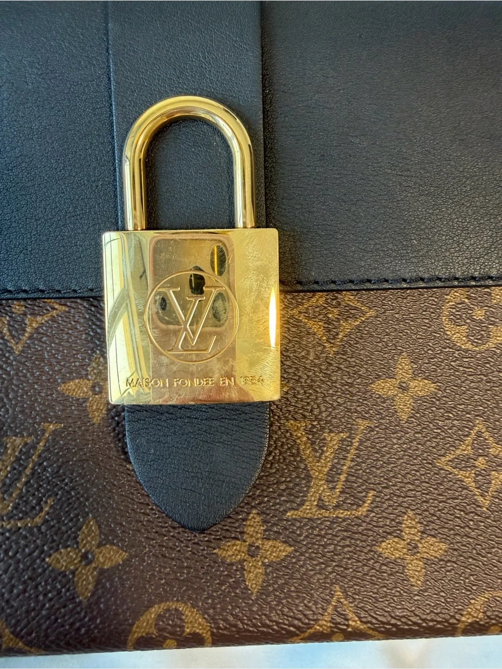 Louis Vuitton Black & Brown Monogram Top Handle Satchel with Gold Padlock